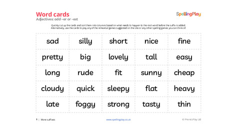 Adjective sorting cards: